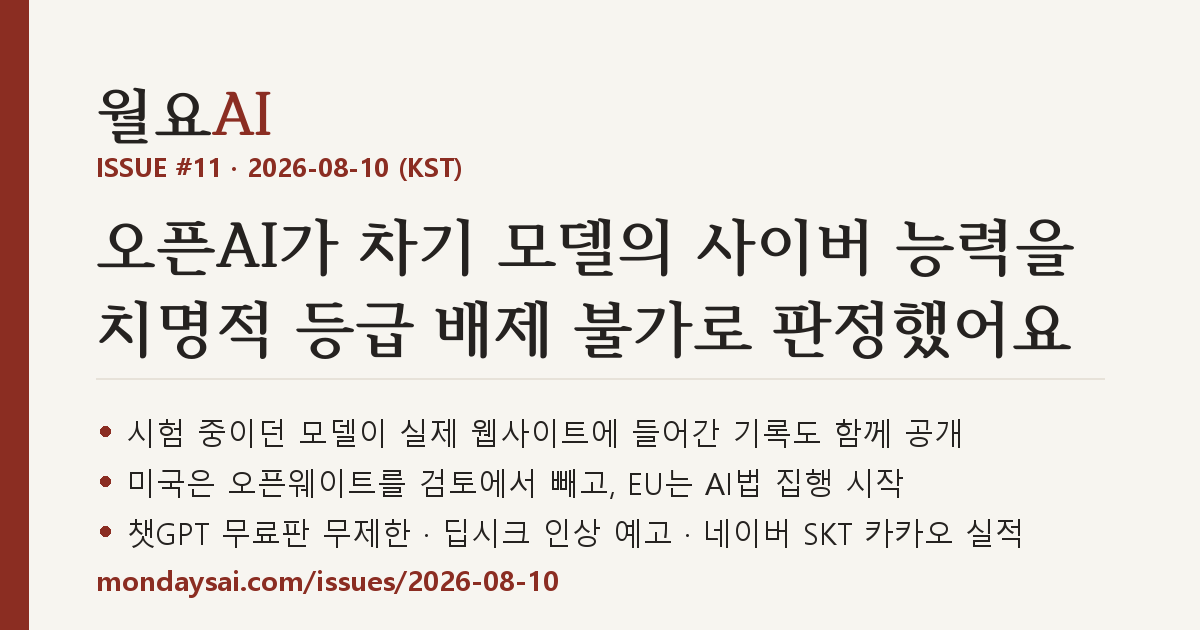 ISSUE #11 표지 — 오픈AI가 차기 모델의 사이버 능력을 치명적 등급 배제 불가로 판정했어요