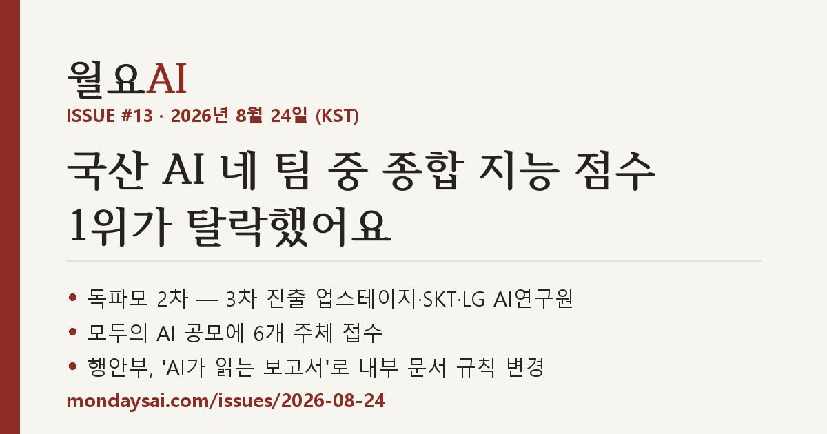 ISSUE #13 표지 — 국산 AI 네 팀 중 종합 지능 점수 1위가 탈락했어요