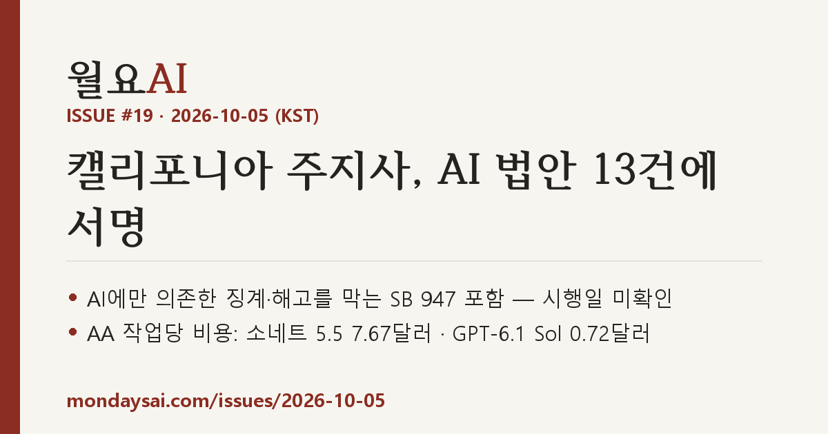 ISSUE #19 표지 — 캘리포니아 주지사가 AI에만 의존해 징계·해고를 정하지 못하게 하는 법안을 포함해 AI 법안 13건에 서명했어요